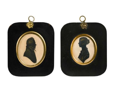 A group of five silhouettes. 19th century, to include a pair of gilded portraits of a lady and gentleman; a portrait of a gen