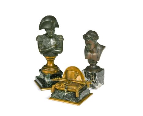 Two small bronze busts of Napoleon, 19th century, the first after Emile Guillemin showing Napoleon with arms folded and weari