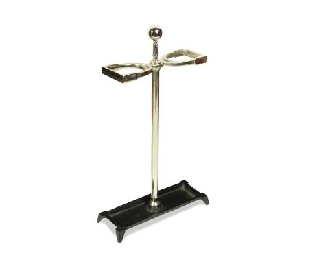 A contemporary equine-themed umbrella or stick stand, with two polished alloy stirrups supported by a whip and with metal dri