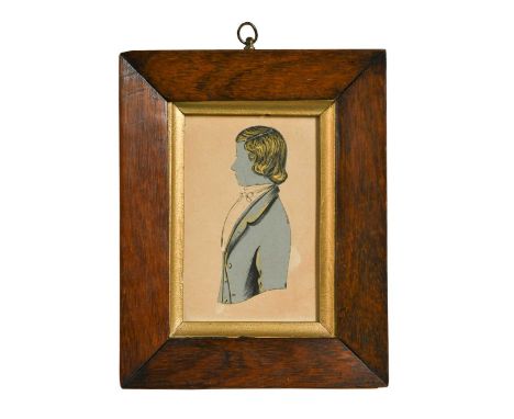 A group of five silhouettes, circa 1800, to include a portrait of a young gentleman painted in light blue with gilding, 10cm;