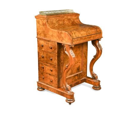 A Victorian burr walnut piano top davenport,  the pop-up top section with pierced brass gallery, the lift up piano top enclos