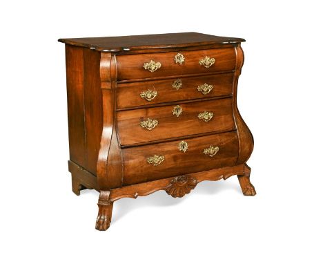 A Dutch mahogany bombe commode, late 18th century, the cushion moulded serpentine top above four long graduated drawers with 
