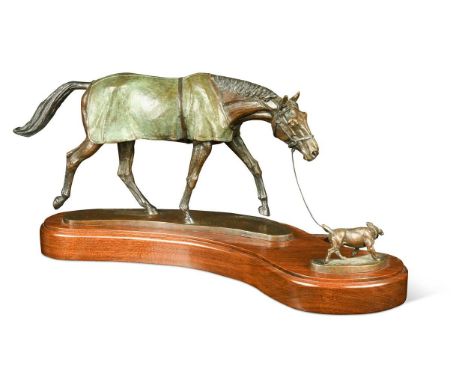 Kathleen Friedenberg (contemporary), a bronze model of a stallion being led by a terrier, 1988, the patinated bronze model mo