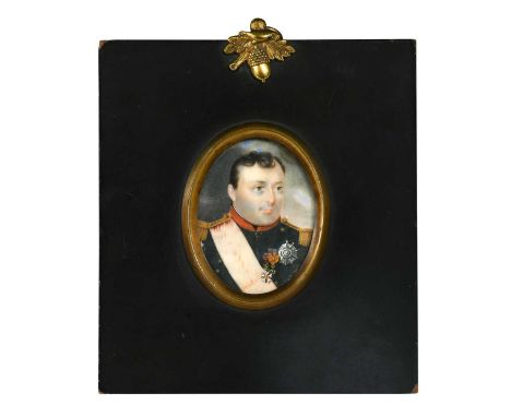Follower of Joseph Parent, a portrait miniature on ivory of Napoleon, wearing the uniform of the chasseurs-à-cheval, red-pipe