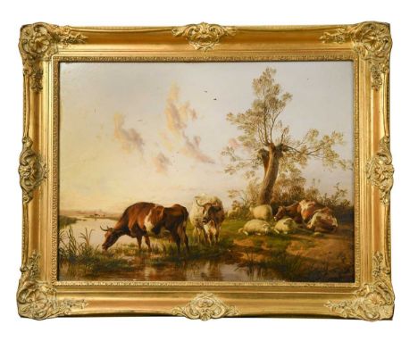 Thomas Sidney Cooper RA (British, 1803-1902) Cattle and sheep in a sunset river landscapesigned lower left 'TSidney.Cooper.' 