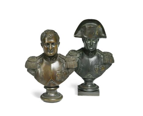 Two small bronze busts of Napoleon, late 19th century, the first after Jean Bulio (1827-1911), raised on socle base, 16.5cm h