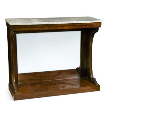 A Regency mahogany marble topped console table, the rectangular white marble top above a mirrored back panel flanked by downs
