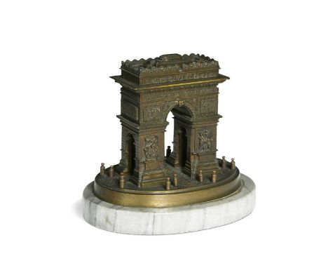A Grand Tour library model of the Arc de Triomphe, 19th century, in brown patinated bronze and modelled in relief, the hinged