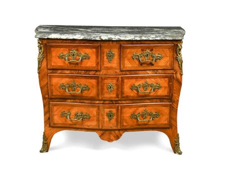 A French Louis XV kingwood and ormolu mounted bombe commode, of serpentine form, the black and white marble top above two sho