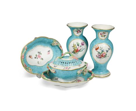 Two similar Chelsea-Derby vases, circa 1780, the turquoise ground bodies reserved with panels of flowers 17cm and 18cm high; 