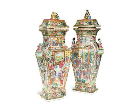 A pair of Chinese Canton vases and covers, Qing Dynasty, mid-19th century, of rectangular section, the covers with finials as