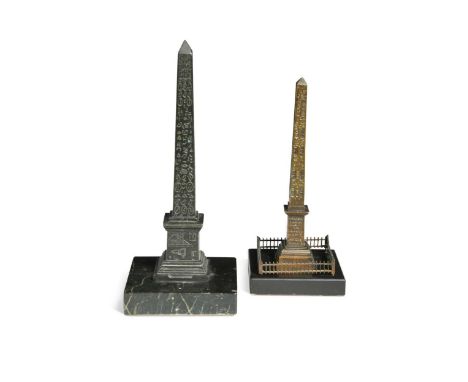 Two similar bronze models of Cleopatra's Needle, mid-19th century, each with incised hieroglyphic inscriptions, the larger on