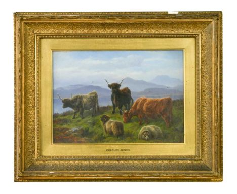 Charles Jones RCA (British, 1836-1892) Cattle and sheep in a highland loch landscapesigned with monogram lower rightsigned ve