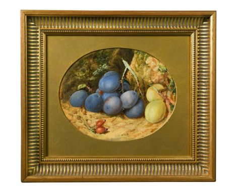 Oliver Clare (British, 1853-1927)  Still life of plums  signed lower right 'OLIVER CLARE' oil on board 17 x 22cm   In very go