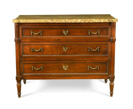 A French Louis XVI fruitwood marble topped commode, the three long graduated drawers with moulded fronts and gilt metal flora