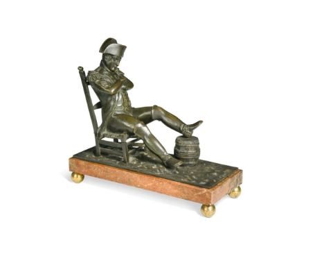 A bronze model of the recumbent Napoleon resting his foot on a barrel, French School, 19th century, mounted to integral bronz