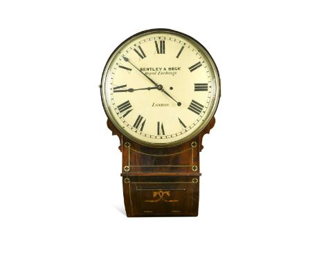 A mahogany and brass inlaid drop dial wall clock by 'Bentley & Beck, Royal Exchange, London',  mid 19th century, signed paint
