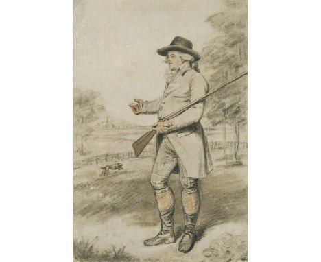 John Raphael Smith (British, 1752-1812) Study of a sportsman, holding his shotgun, his dog in parkland beyondblack chalk on p
