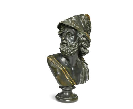 A patinated bronze and gilt metal mounted bust of Ajax or Menelaus, after the antique, 19th century, modelled in profile and 
