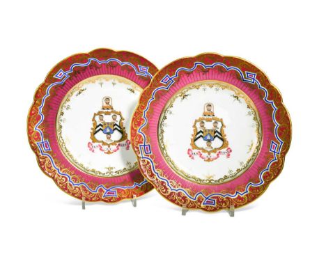 A pair of John Ridgway armorial plates, circa 1825, the centres decorated with the armorial device for Joshua Westhead, withi