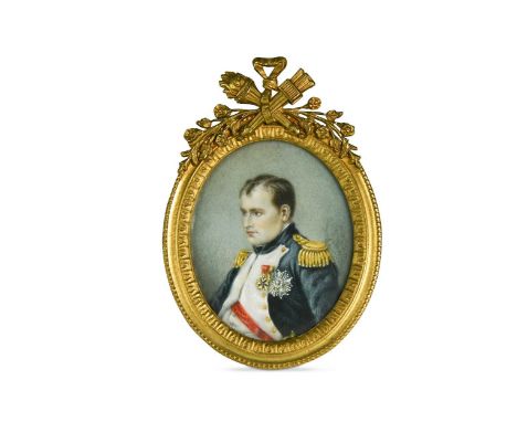 A portrait miniature on ivory of Napoleon in military dress, 19th century, of oval form and in a gilt metal frame, 4 x 3.5cm;