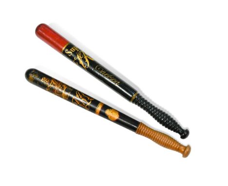 Two Victorian truncheons, with painted decoration, the first bearing the Royal crest and initials 'V.R' (43cm); the second wi