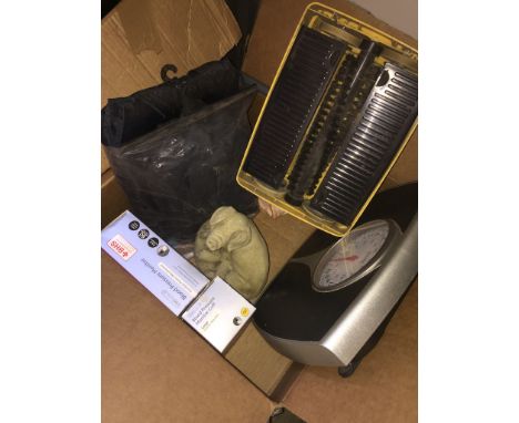 BOX INC. 2 BLOOD PRESSURE MONITORS, BATHROOM WEIGHING SCALES, GARDEN ORNAMENTS