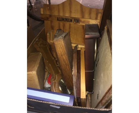BOX OF WOOD ITEMS, BAROMETER, KEY CUPBOARD, CLOCK ETC.