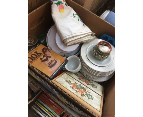 BOX OF HOUSEHOLD ITEMS, PLATES, KITCHEN WEIGHING SCALES, TABLECLOTH