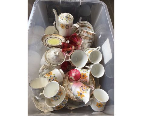 BOX OF PART CHINA TEA SETS; CUPS, SAUCERS, PLATES, TEAPOTS