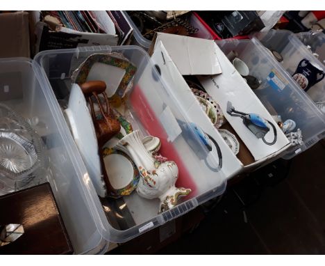5 BOXES  OF CHINA & ORNAMENTS - PARAFFIN LAMP, WOOD BOXES, GLASSWARE