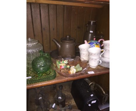 SHELF OF POTTERY AND GLASS