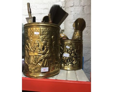 2 BRASS COAL BUCKETS WITH FIRESIDE TOOLS ETC.