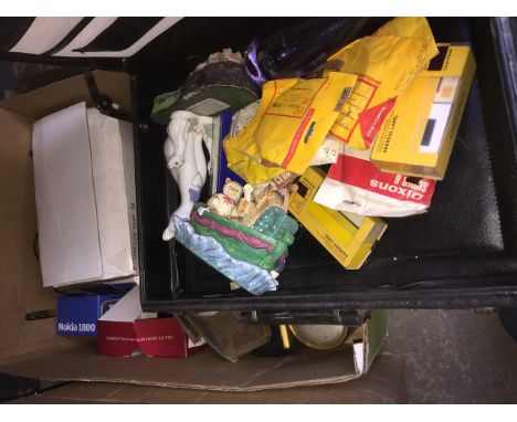 BOX CONTAINING BRIEFCASE, ORNAMENTS, CLOCK, 35MM SLIDES