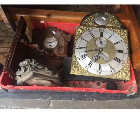 A BOX INCLUDING A BRASS AND STEEL CLOCK DIAL AND MOVEMENT AND OTHER CLOCKS