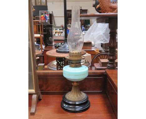 BRASS OIL LAMP WITH TURQUOISE COLOUR RESERVOIR 