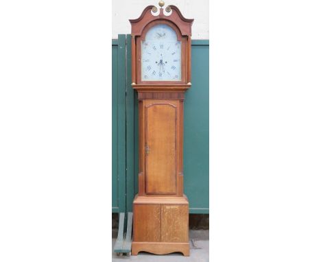 OAK CASED LONGCASE CLOCK WITH HANDPAINTED ENAMELLED DIAL 