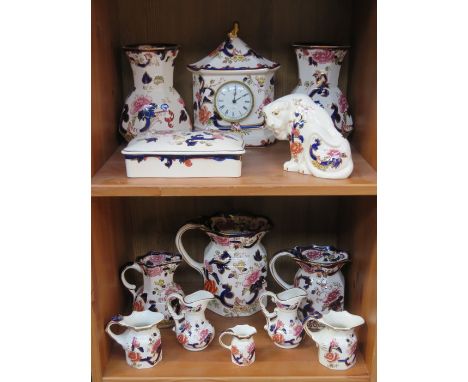 MIXED LOT OF MASONS IRONSTONE INCLUDING  GRADUATED JUGS, CLOCK AND VASES, ETC. 