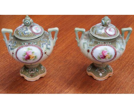 PAIR OF NORITAKE SMALL CERAMIC URNS WITH COVERS 