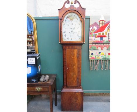 ANTIQUE MAHOGANY INLAID CASED LONGCASE CLOCK WITH HANDPAINTED AND ENAMELLED ROLLING MOON DIAL BY R FLETCHER, CHESTER 