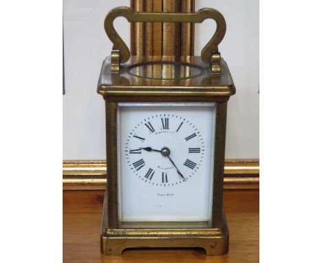 BRASS FRENCH STYLE CARRIAGE CLOCK WITH ENAMELLED DIAL 