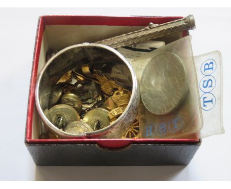 PARCEL OF MILITARY BUTTONS, SILVER SNAP BANGLE AND PENCIL, ETC. 