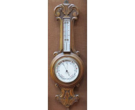 SMALL CARVED WOODEN CASED ANEROID BAROMETER BY JOHN BAIN, MARY PORT 