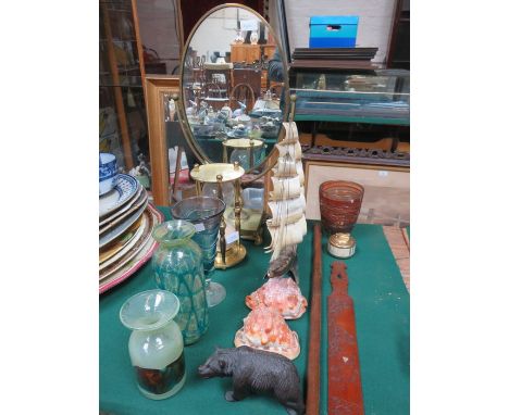 SWING MIRROR AND EGG TIMER PLUS VARIOUS COLOURED GLASSWARE, HORN GALLEON, BLACK FOREST STYLE BEAR AND PAGE TURNER, ETC. 