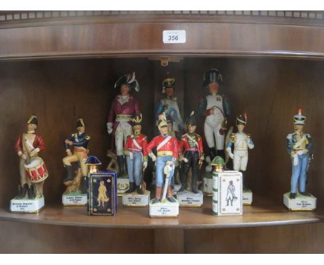 VARIOUS CONTINENTAL CERAMIC SOLDIERS INCLUDING CAPODIMONTE, ETC, PLUS TWO LIMOGES DECANTERS 
