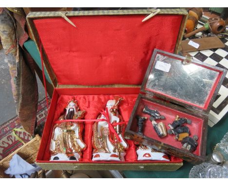 BOX CONTAINING THREE ORIGINAL CERAMIC FIGURES, ALSO BOX CONTAINING SMALL MUSICAL FIGURES 
