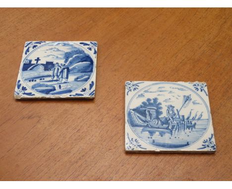 TWO UNFRAMED BLUE AND WHITE DELFT CERAMIC TILES, APPROXIMATELY 13cm x 13cm 