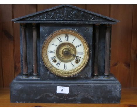 BLACK SLATE MANTEL CLOCK WITH ENAMELLED DIAL 