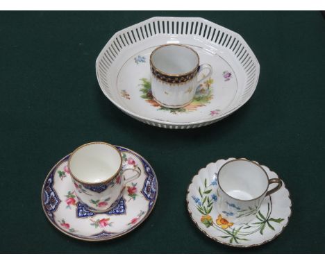 PIERCEWORK DECORATED HANDPAINTED BOWL, TWO FLORAL CUPS AND SAUCERS PLUS COFFEE CAN 