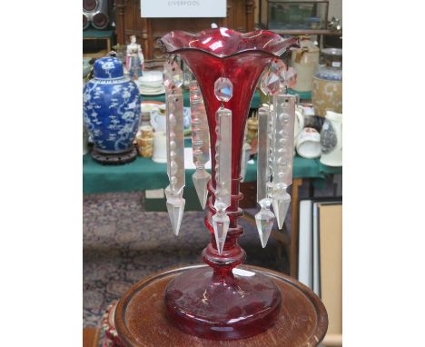 VICTORIAN RUBY GLASS LUSTRE WITH DROPLETS, APPROXIMATELY 28cm HIGH 